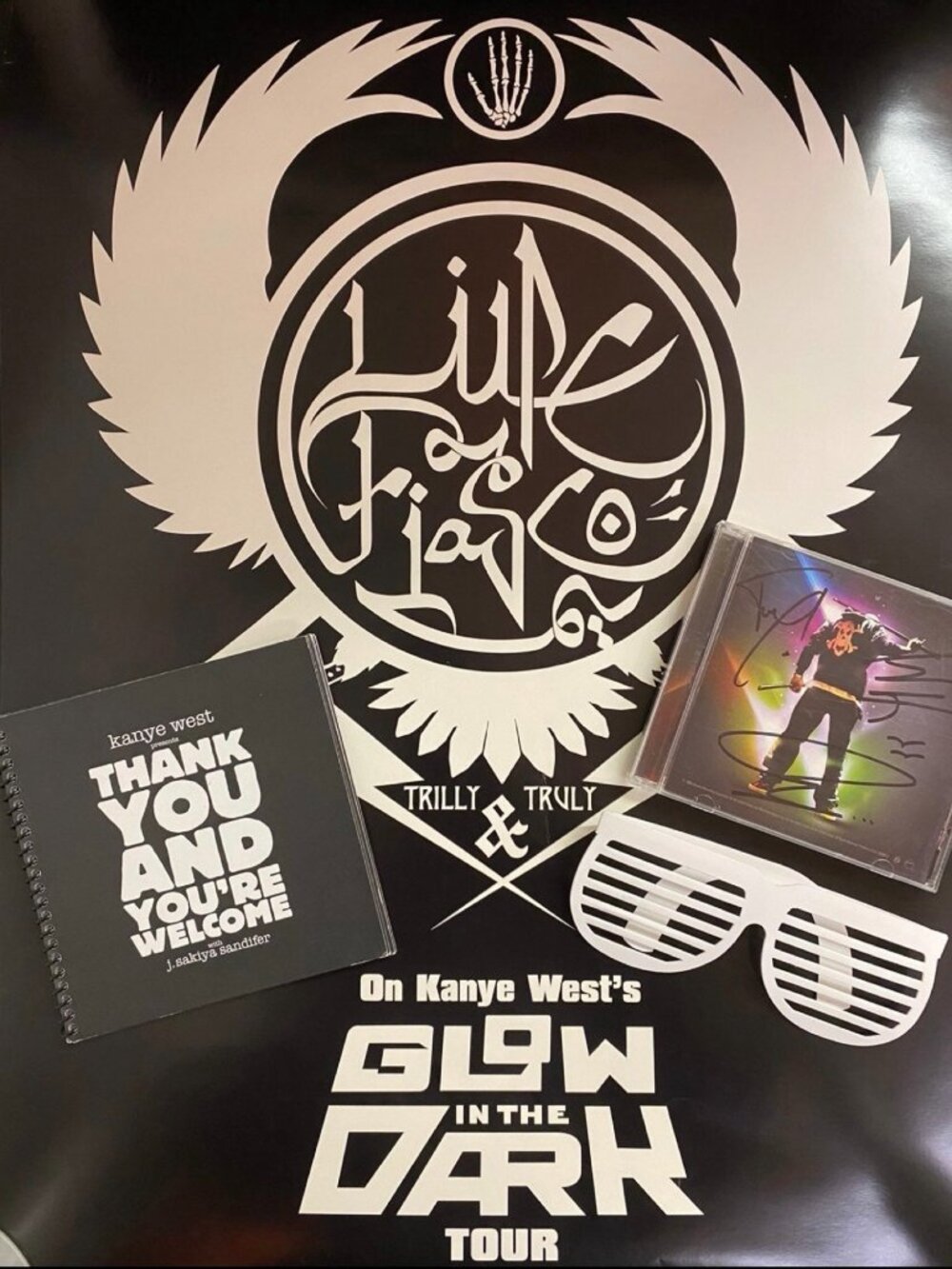 Lupe Fiasco Signed Food & Liquor CD, Glow in the Dark Posters Kanye Book Glasses